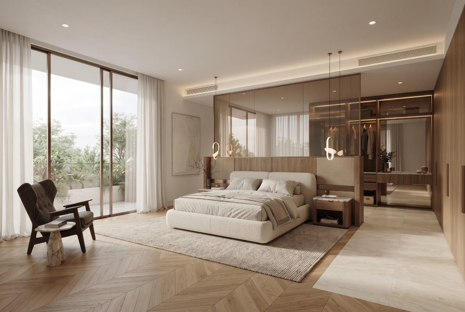 The Walnut Residence: a bouclé bed against a walnut wall with a bronze glass screen and the lit walk-in beyond