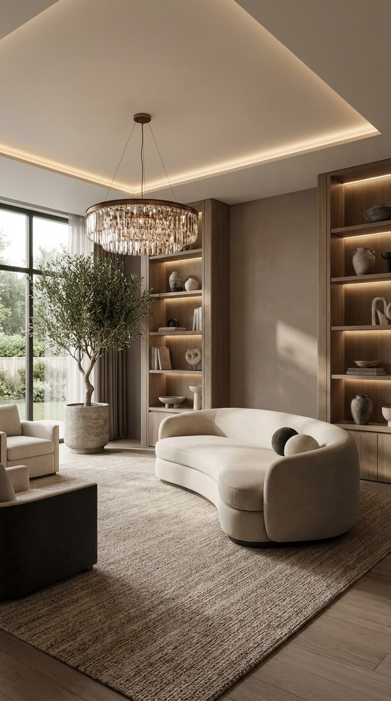 The Curved Living Room: a curved cream sofa under a crystal chandelier, with lit oak shelving behind