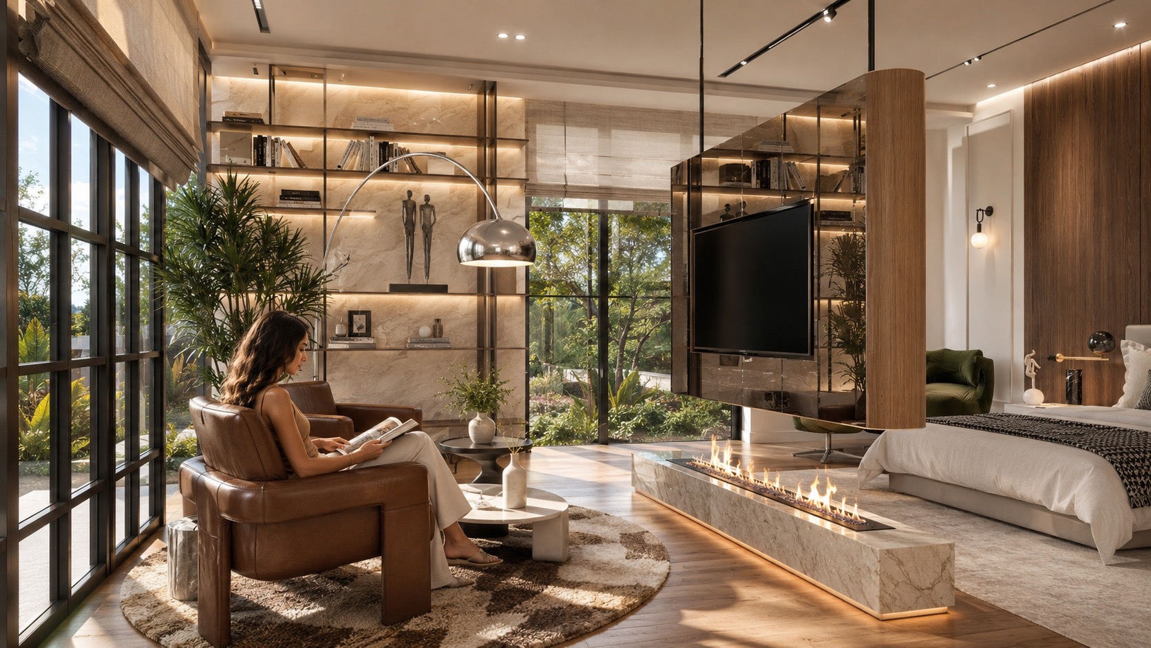 A master suite with a suspended wood-wrapped column and smoked-glass screen, a linear fire in a marble plinth and a reading chair by garden windows