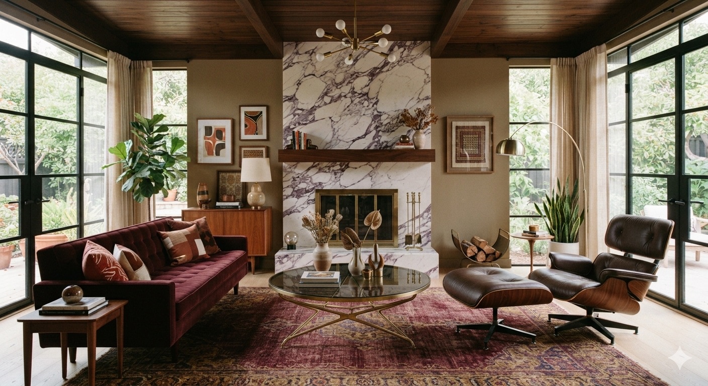 A mid-century lounge with a plum velvet sofa, a lounge chair and a marble fireplace between steel-framed windows