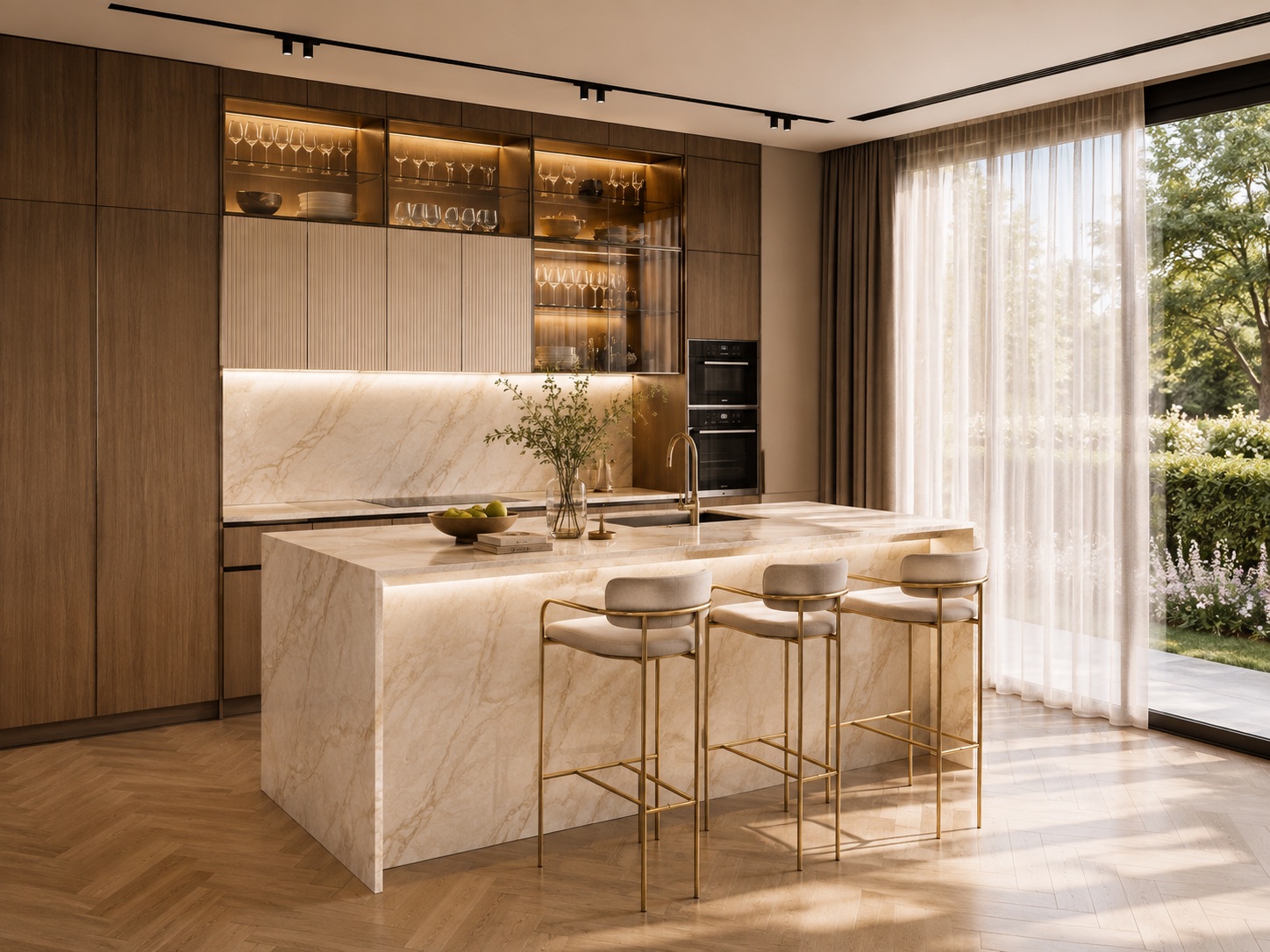 A kitchen with a veined stone island, brass stools, timber joinery with lit glass shelving and a herringbone floor