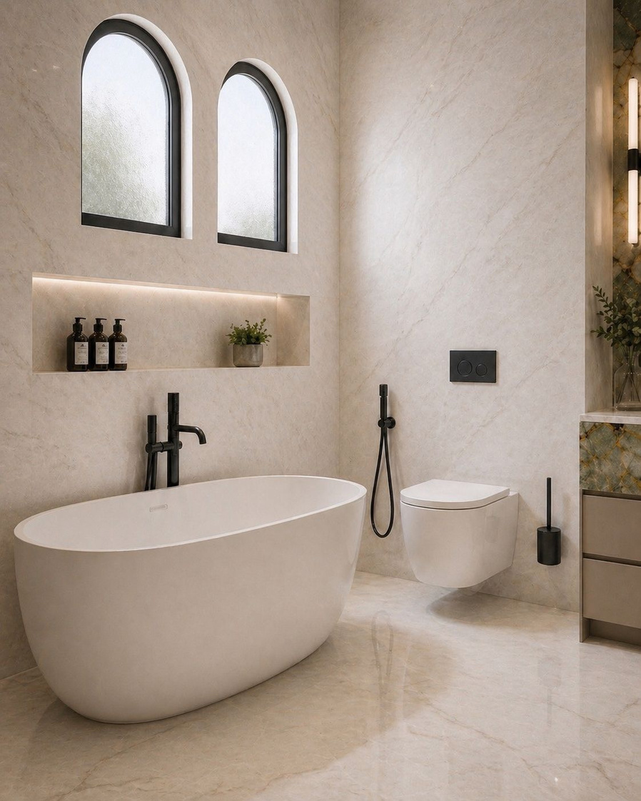 A freestanding tub under two arched windows, a lit niche above it and matte black fittings
