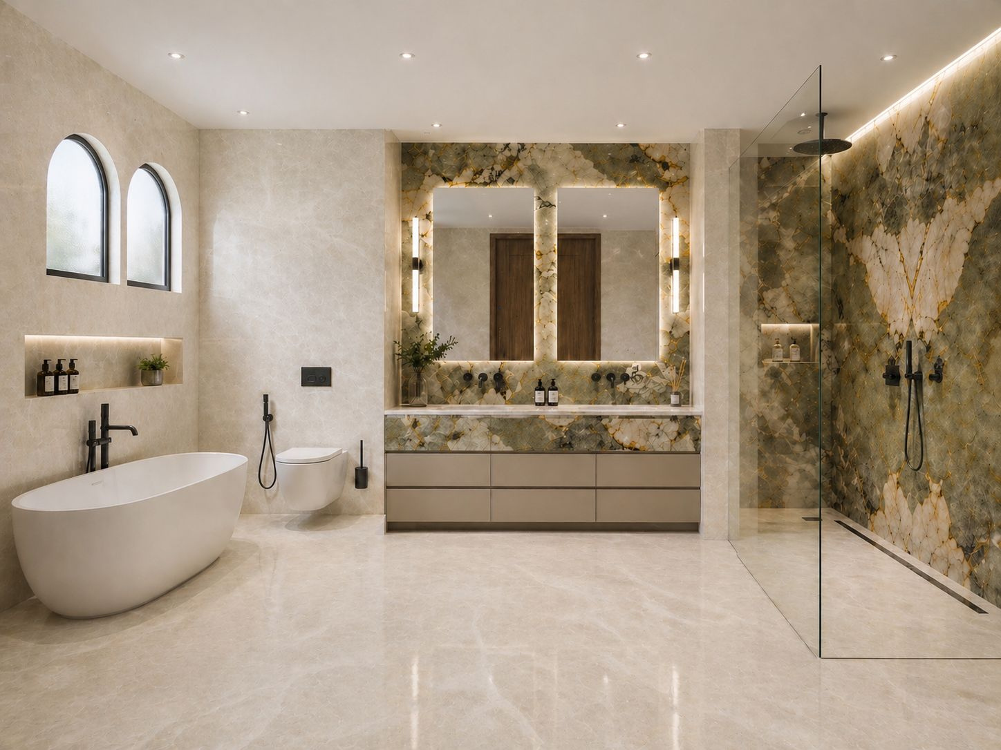 The master bath: a freestanding tub under two arched windows, a double vanity with its mirrors set in backlit Patagonia, and a glass shower lined in the same stone