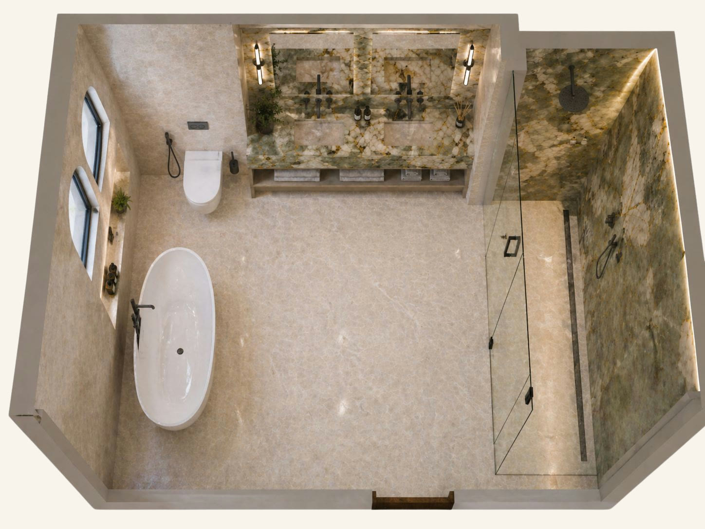 A master bath rendered from above: the tub by arched windows, a double vanity and a walk-in shower